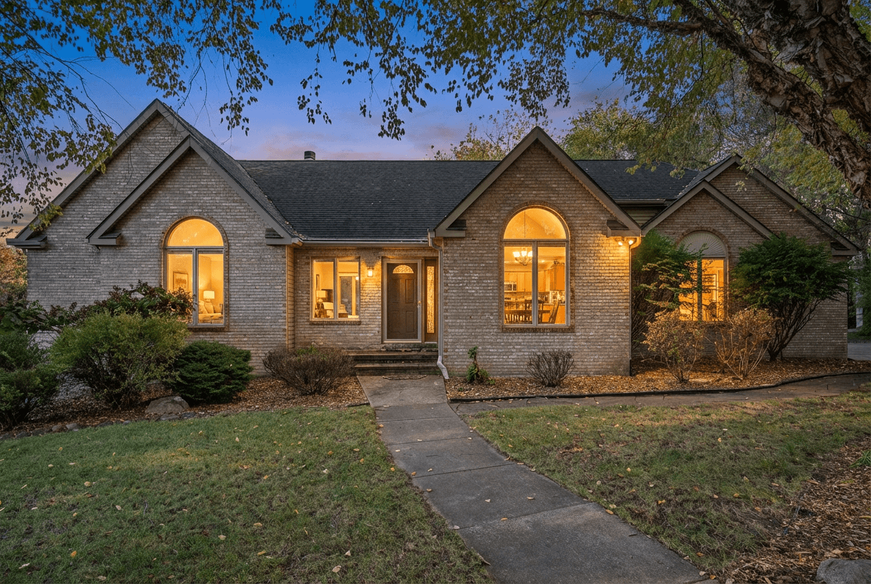 Virtual twilight conversion — brick home at golden hour with warm window glow
